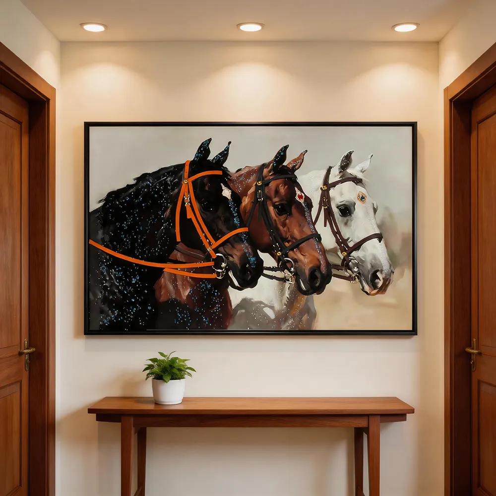 Modern Lite Luxury Three Horses in Full Gallop Hand-Painted Decorative Painting with Diamonds, 3D Texture Equestrian Art Horizontal Hanging Art for Living Room Sofa Accent Wall