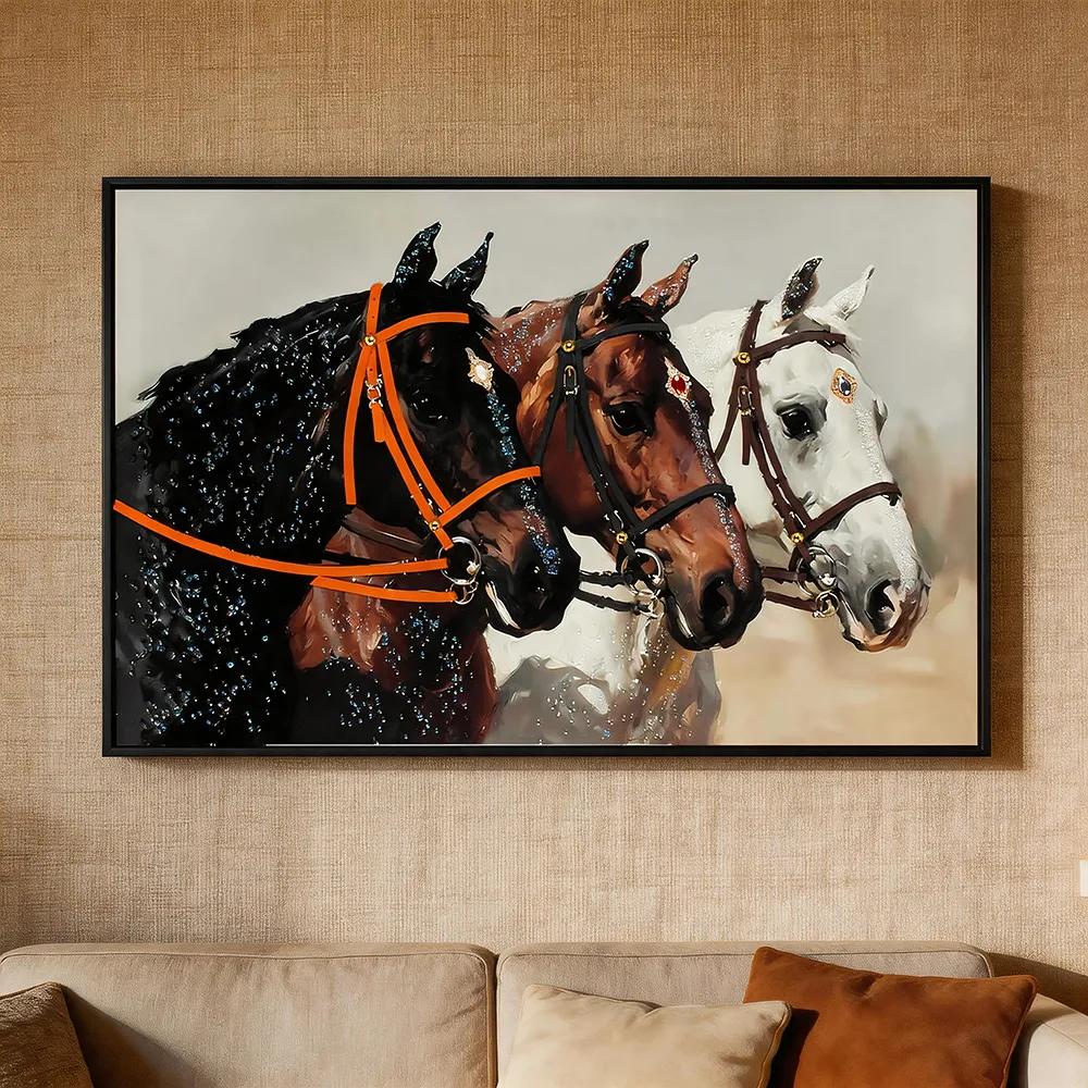 Modern Lite Luxury Three Horses in Full Gallop Hand-Painted Decorative Painting with Diamonds, 3D Texture Equestrian Art Horizontal Hanging Art for Living Room Sofa Accent Wall