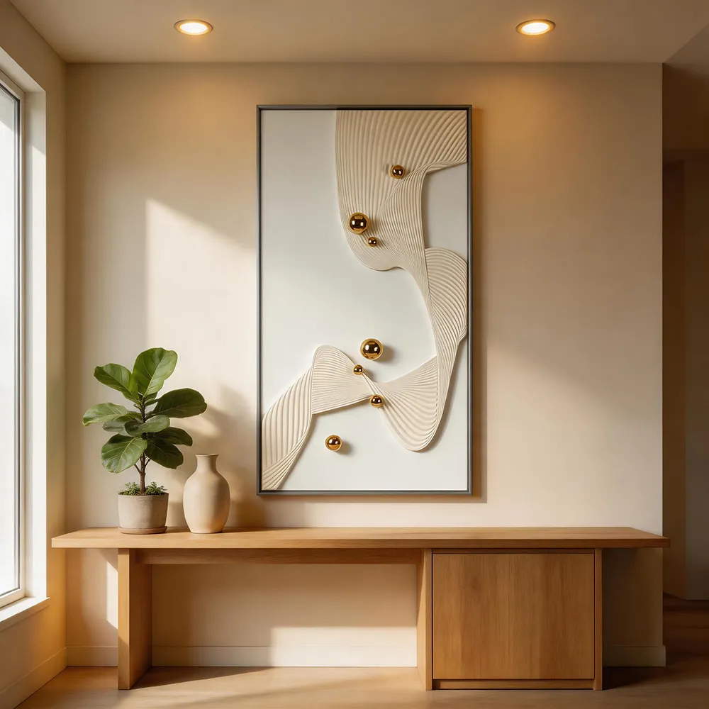 Modern Light Luxury Three-Dimensional Paper Carving Gold Beads Abstract Decorative Painting Cream Style Texture Art Hanging Painting Home Entrance Vertical Wall Decoration