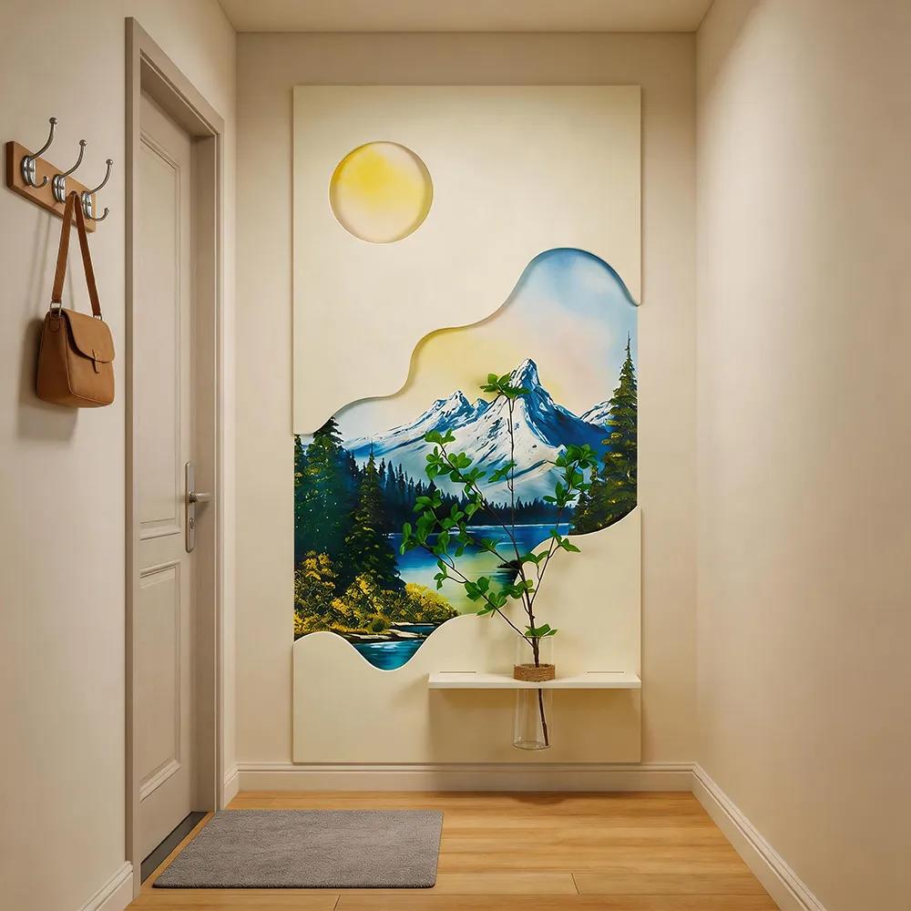 Creamy-style multi-layered, hollow-carved three-dimensional decorative painting with a shelf for greenery—vertical wall art for the entryway or foyer.