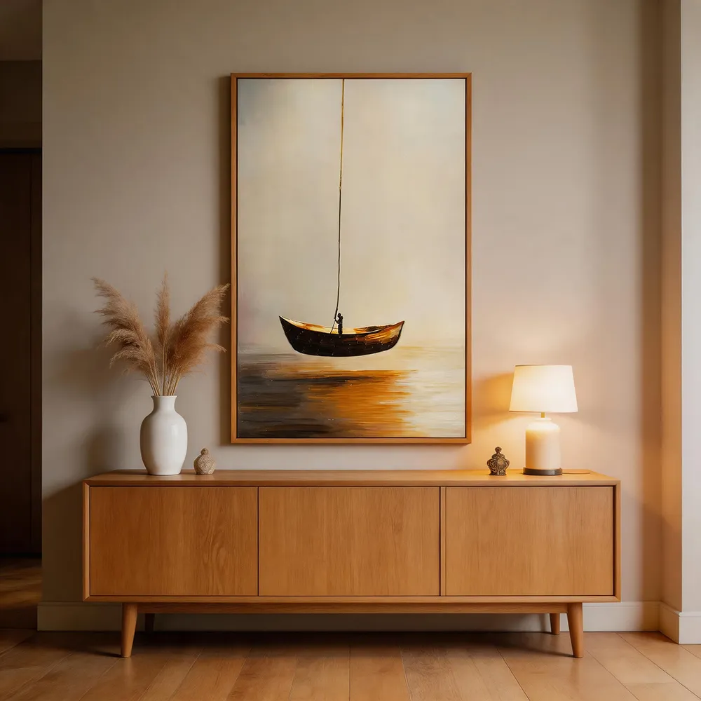 Wabi-sabi–style hand-painted decorative artwork: a golden waterscape with a lone boat and fisherman. Abstract, evocative texture art for wall hanging—vertical design, perfect for the entryway or living room.