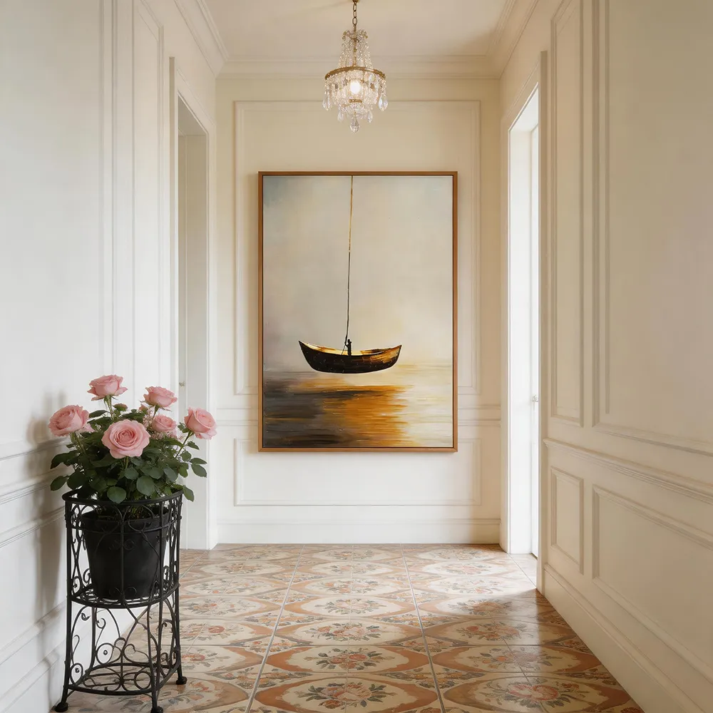 Wabi-sabi–style hand-painted decorative artwork: a golden waterscape with a lone boat and fisherman. Abstract, evocative texture art for wall hanging—vertical design, perfect for the entryway or living room.