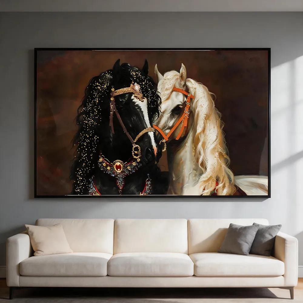 Modern Luxe 3D Portrait of Two Horses Decorative Painting, Diamond-Encrusted Equestrian Art Hanging Piece, Soft Furnishings Wall Decor for Living Room Sofa Backdrop