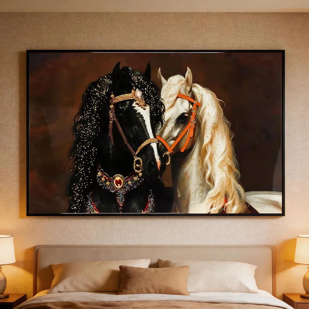 Modern Luxe 3D Portrait of Two Horses Decorative Painting, Diamond-Encrusted Equestrian Art Hanging Piece, Soft Furnishings Wall Decor for Living Room Sofa Backdrop