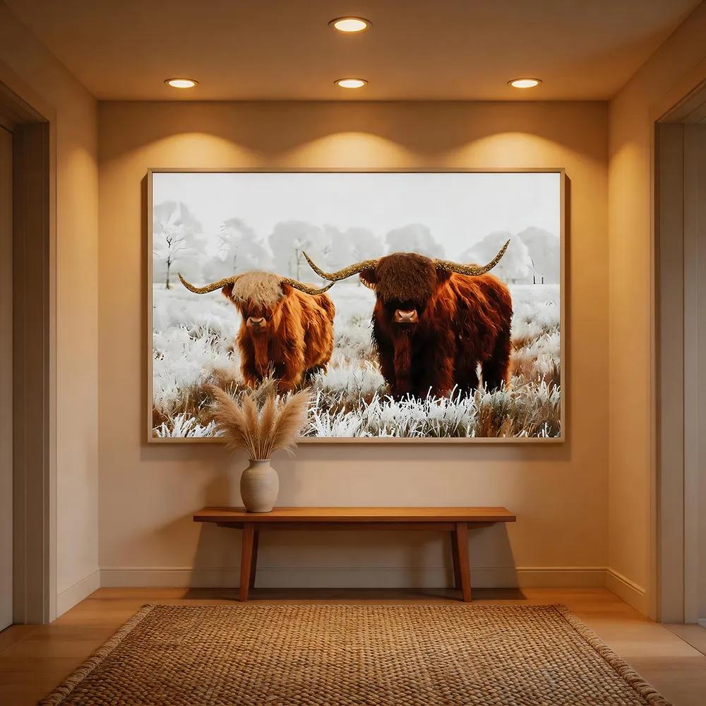 Nordic-style Highland Cow Landscape Decorative Painting, Snowy Pasture Animal Art Hanging Picture, Living Room Sofa Background Wall Soft Decoration Wall Art