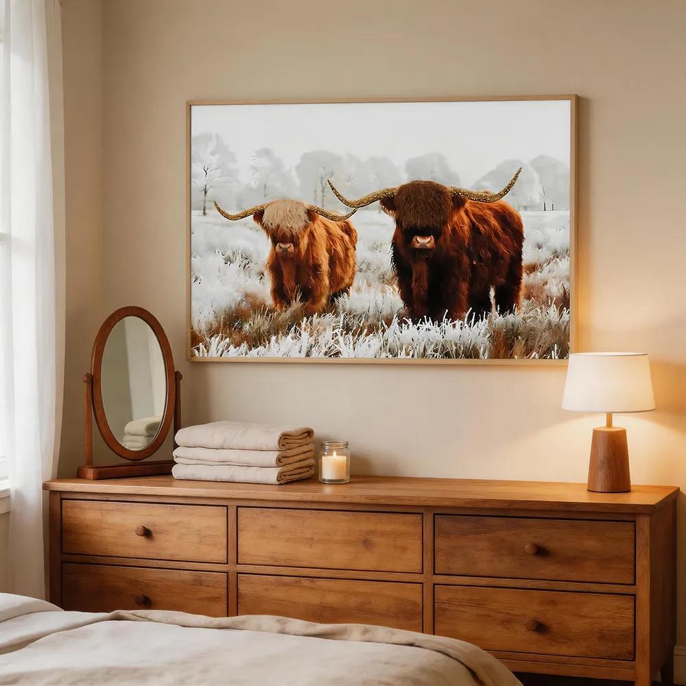 Nordic-style Highland Cow Landscape Decorative Painting, Snowy Pasture Animal Art Hanging Picture, Living Room Sofa Background Wall Soft Decoration Wall Art