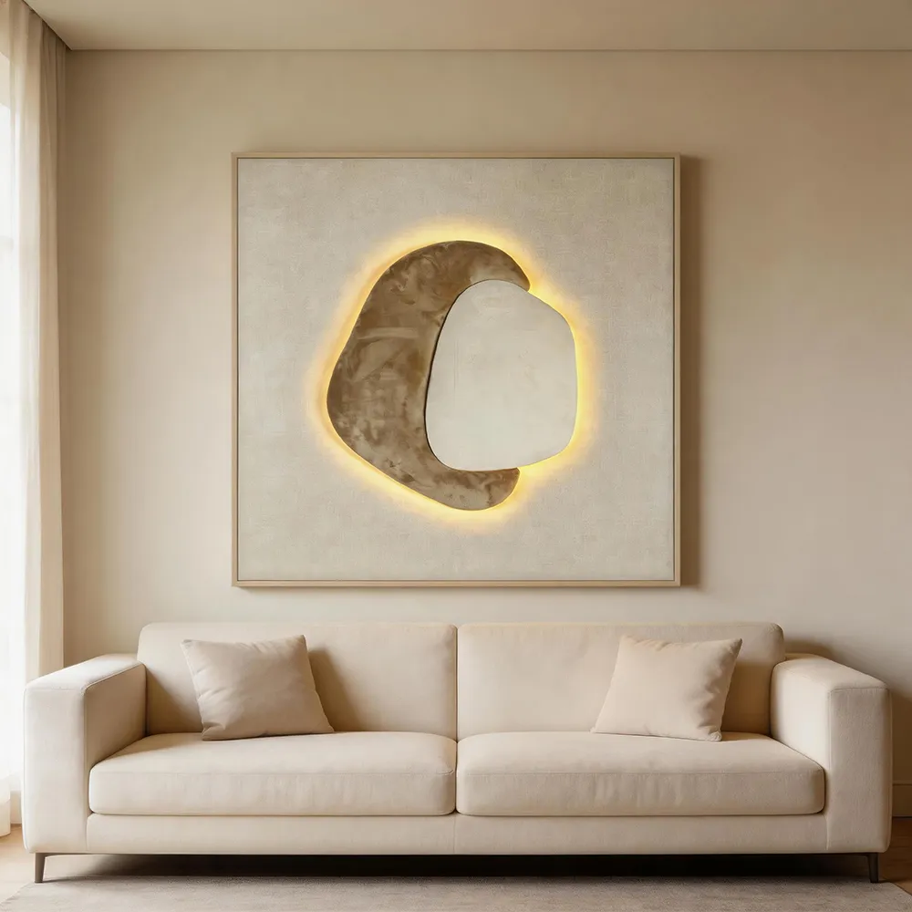Modern, light-luxury backlit abstract stone-shaped decorative painting; creamy-toned three-dimensional art wall hanging; soft furnishing wall decor for the entryway and living room.