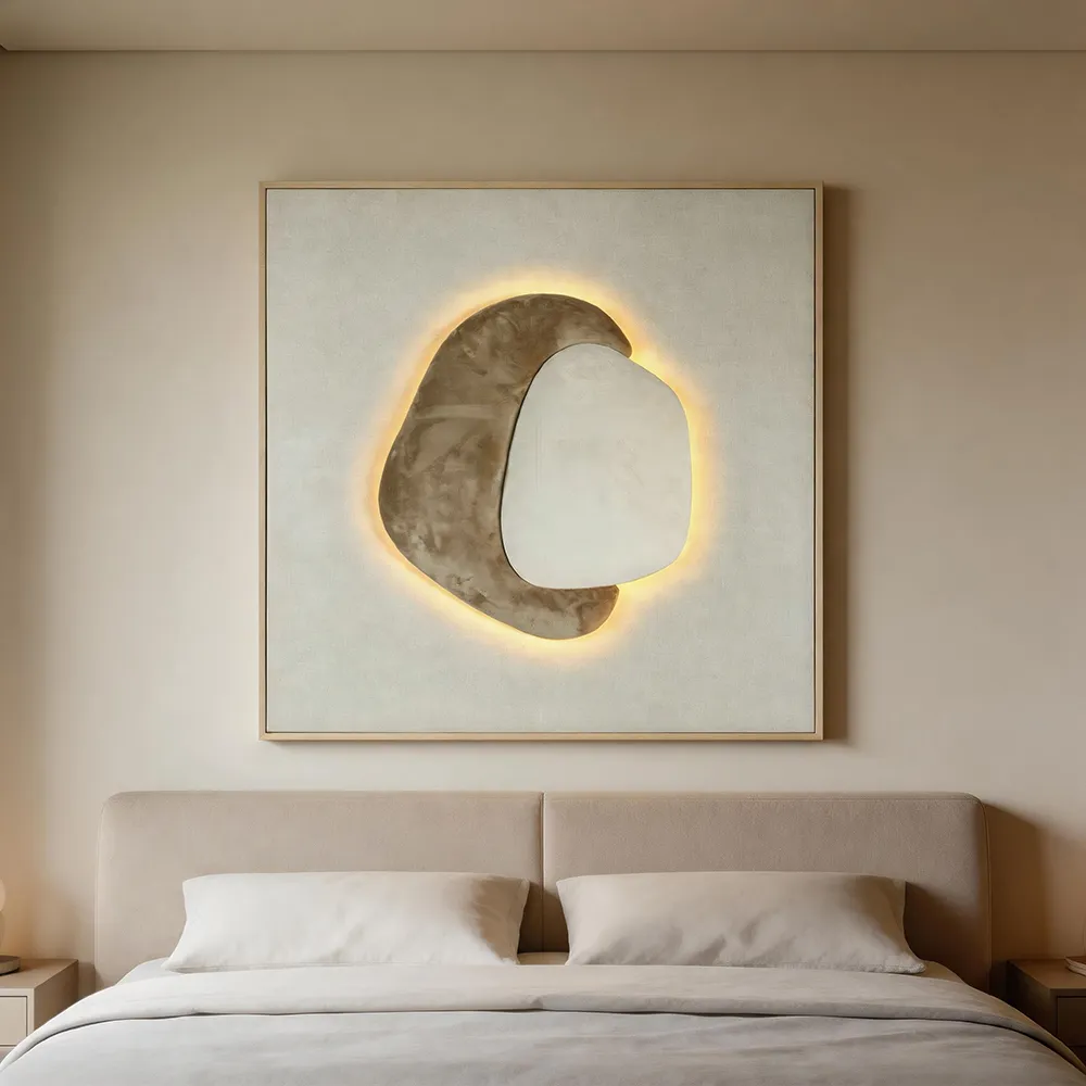 Modern, light-luxury backlit abstract stone-shaped decorative painting; creamy-toned three-dimensional art wall hanging; soft furnishing wall decor for the entryway and living room.