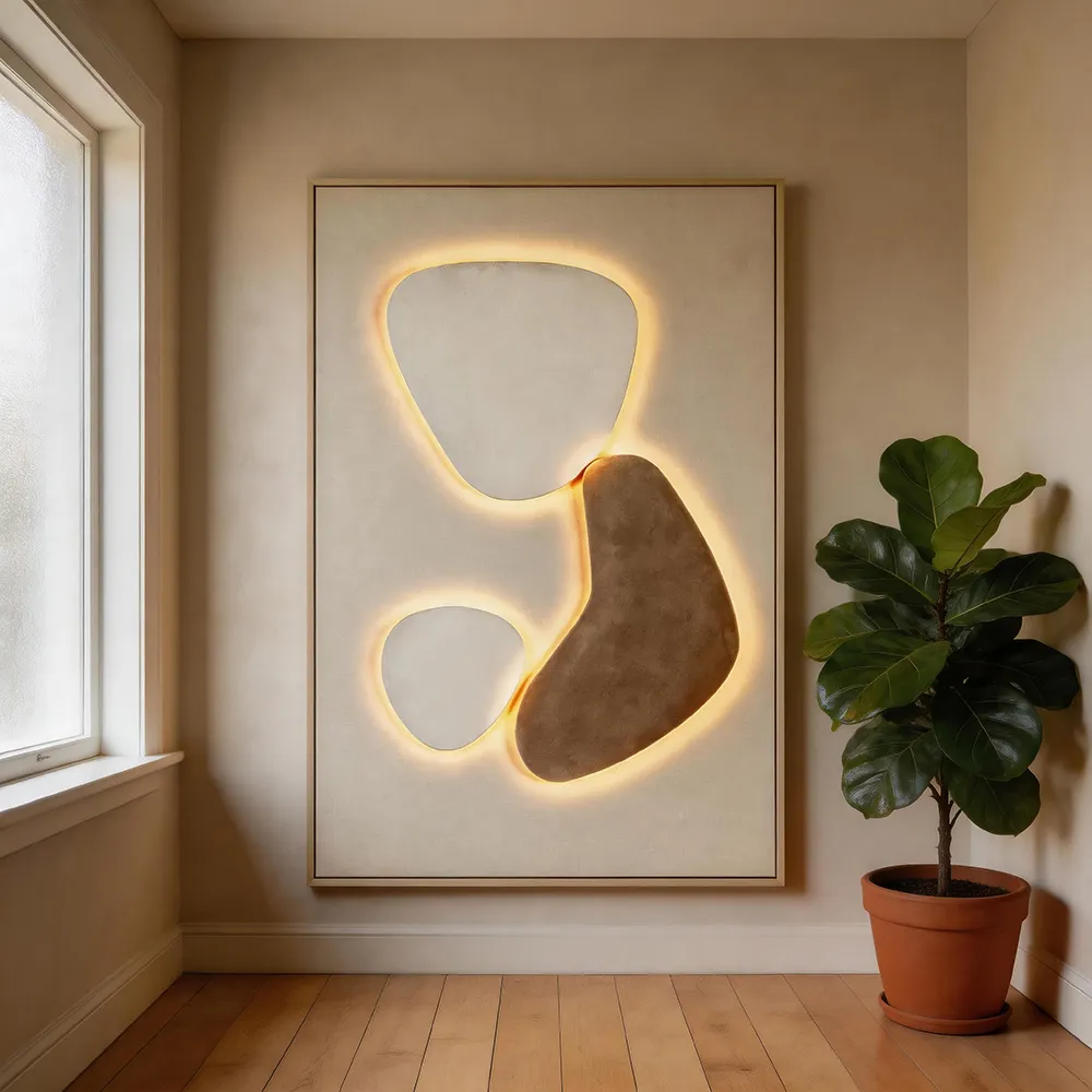 Modern, light-luxury backlit abstract stone-shaped decorative painting; creamy-toned three-dimensional art wall hanging; soft furnishing wall decor for the entryway and living room.