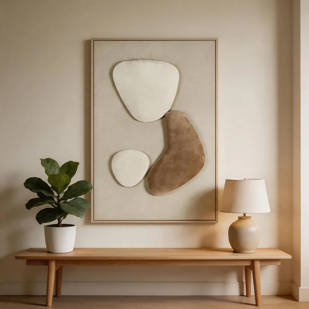 Modern, light-luxury backlit abstract stone-shaped decorative painting; creamy-toned three-dimensional art wall hanging; soft furnishing wall decor for the entryway and living room.