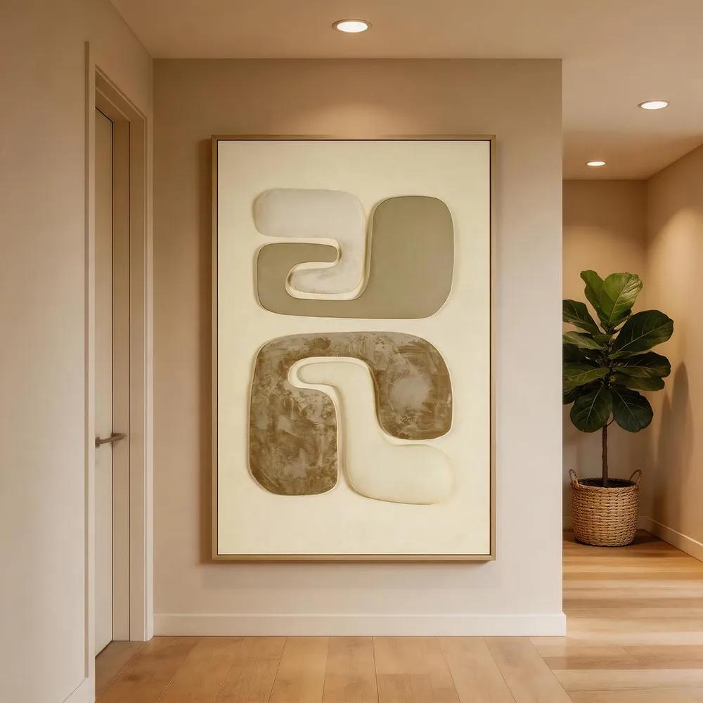 Modern luxury backlit abstract geometric decorative art print; creamy-colored 3D artistic wall hanging for use as soft decor in entrances and living rooms.