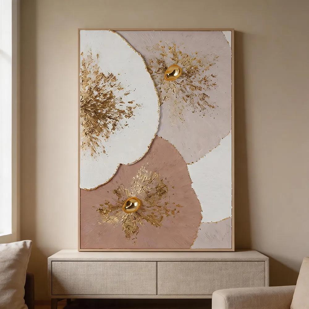 Modern Light Luxury Gold Beads Flower Pen Texture Decorative Painting Pink White Abstract Floral Art Hanging Painting Entrance Living Room Soft Wall Decoration