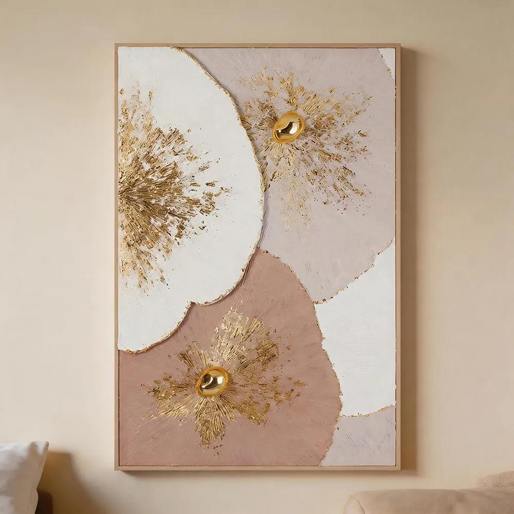 Modern Light Luxury Gold Beads Flower Pen Texture Decorative Painting Pink White Abstract Floral Art Hanging Painting Entrance Living Room Soft Wall Decoration