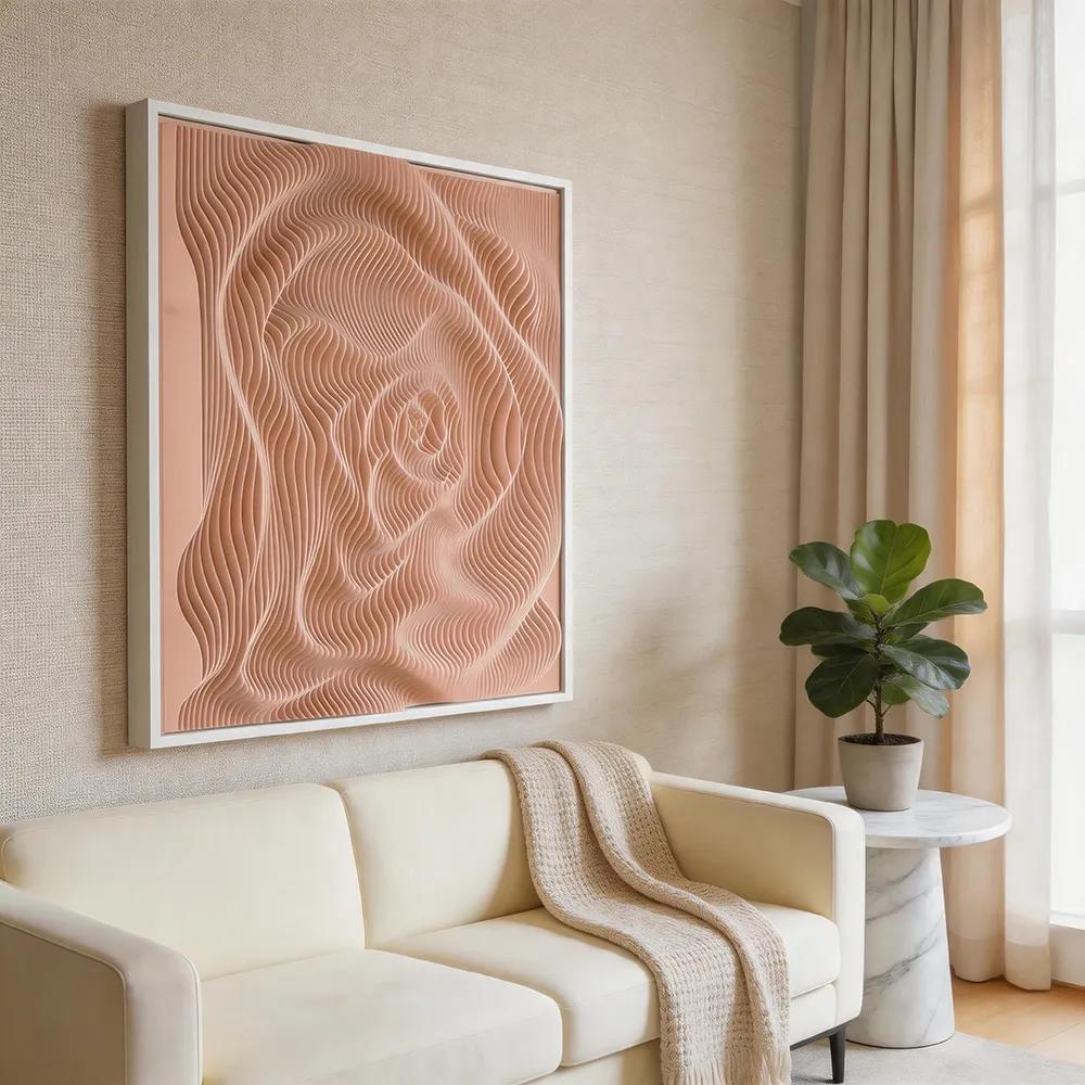 Modern minimalist three-dimensional wave-carved abstract decorative painting, pink-brown wood-grain textured art hanging piece, soft furnishing wall decor for the entryway and living room.