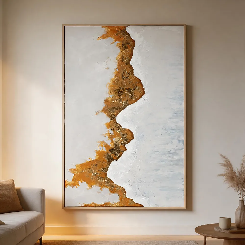 现代轻奢鎏金河流肌理抽象装饰画 蓝白双拼立体艺术挂画 玄关客厅软装墙饰