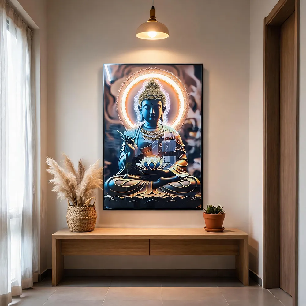 Modern Light-Luxury Backlit Rhinestone Buddha Statue Decorative Painting, Three-Dimensional Diamond-Inlaid Zen Art Wall Hanging, Soft Décor Wall Ornament for the Entryway, Living Room, and Foyer
