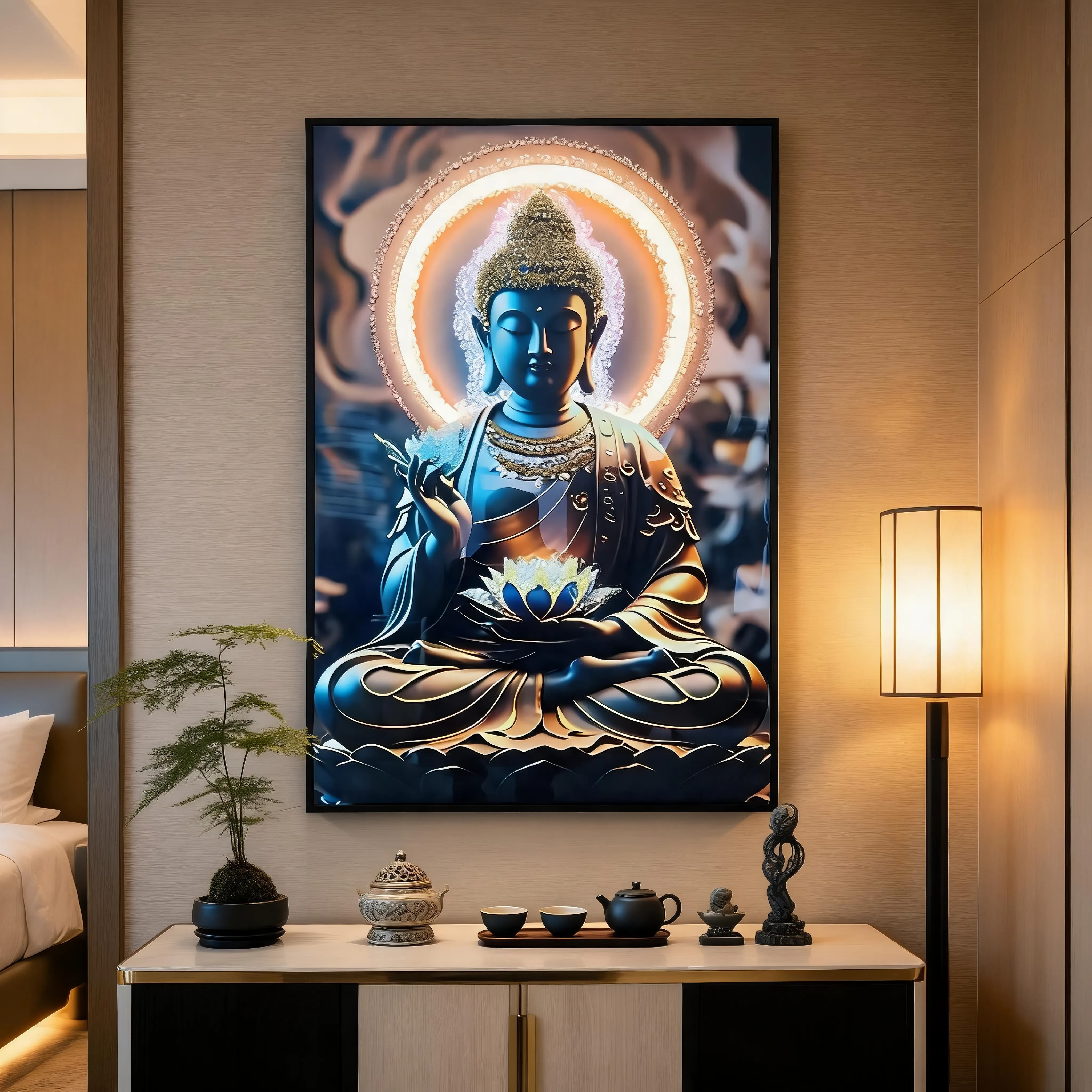 Modern Light-Luxury Backlit Rhinestone Buddha Statue Decorative Painting, Three-Dimensional Diamond-Inlaid Zen Art Wall Hanging, Soft Décor Wall Ornament for the Entryway, Living Room, and Foyer