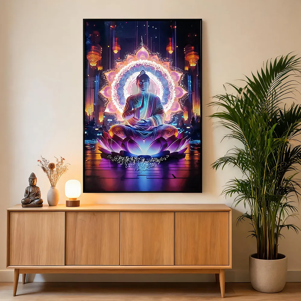 Modern Luxury Rhinestone-Embellished Backlit Lotus Buddha Decorative Painting Cyber‑Zen Art Wall Hanging Entryway and Living Room Soft Decoration Wall Art