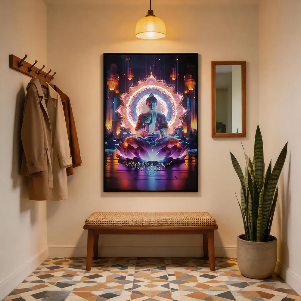 Modern Luxury Rhinestone-Embellished Backlit Lotus Buddha Decorative Painting Cyber‑Zen Art Wall Hanging Entryway and Living Room Soft Decoration Wall Art
