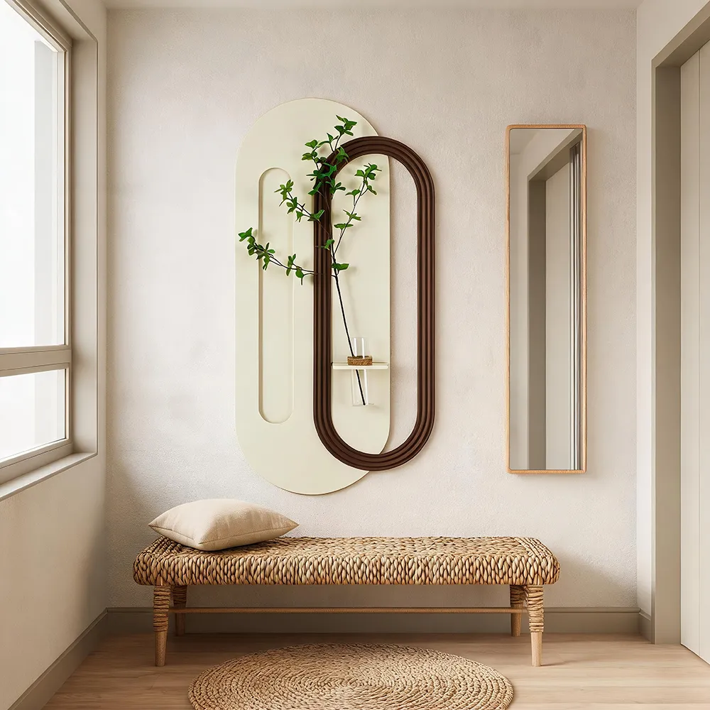 Decorative painting featuring creamy color contrasts, luminous sandstone, and green plants; an oval-shaped three-dimensional art wall decor piece, suitable for use as soft furnishings in the entrance area and living room.