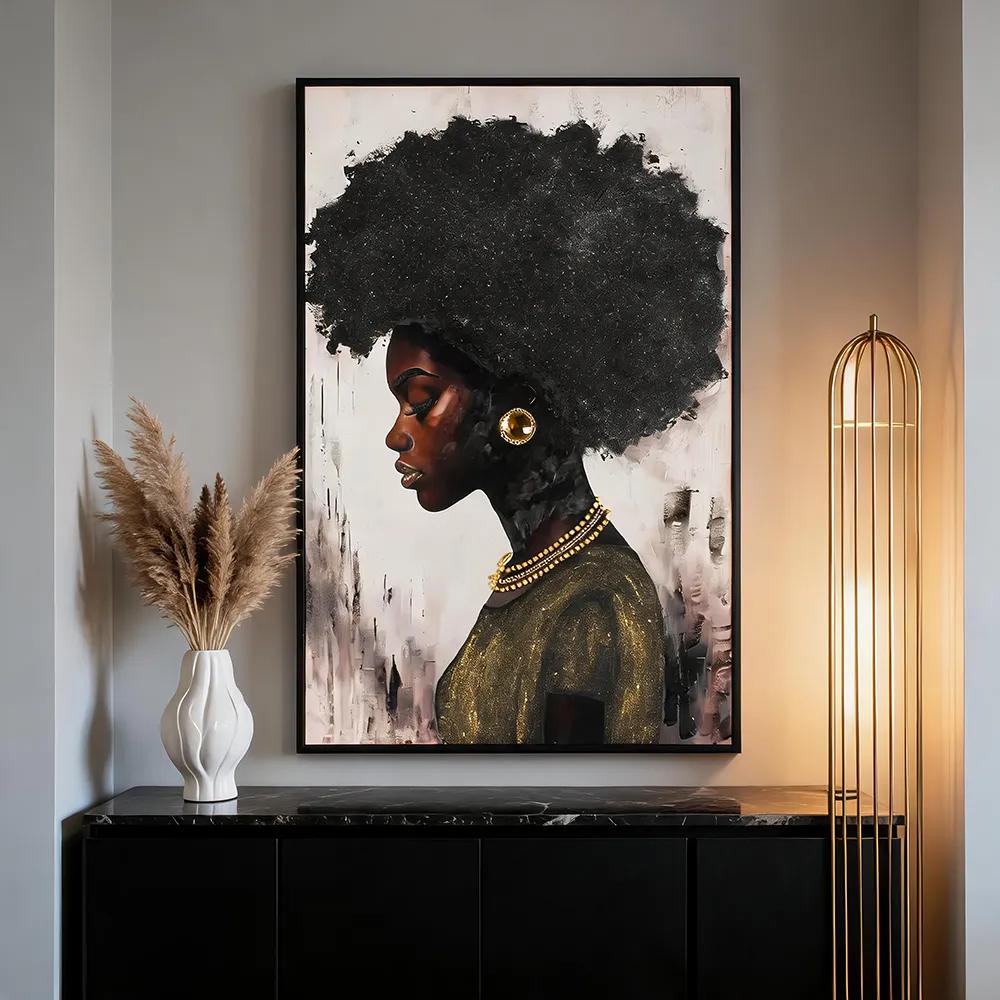 Modern luxury black and gold portrait artwork of African women; textured oil painting featuring artistic figures, suitable as wall decor for entrances and living rooms.