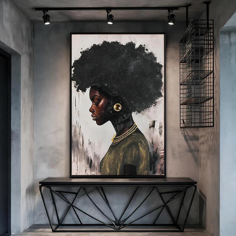 Modern luxury black and gold portrait artwork of African women; textured oil painting featuring artistic figures, suitable as wall decor for entrances and living rooms.