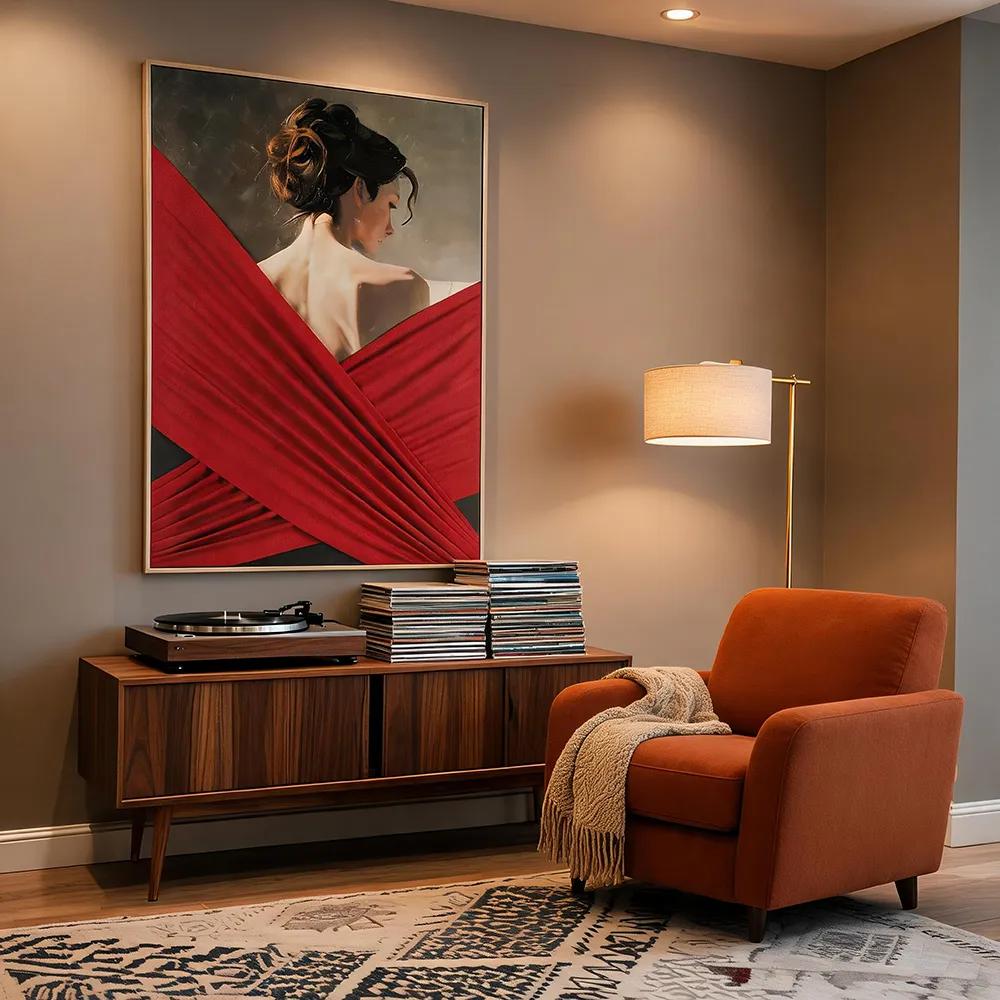 Modern, light-luxury three-dimensional fabric art depicting a figure’s back—red-toned atmospheric wall hanging for soft interior decor in the entryway and living room.