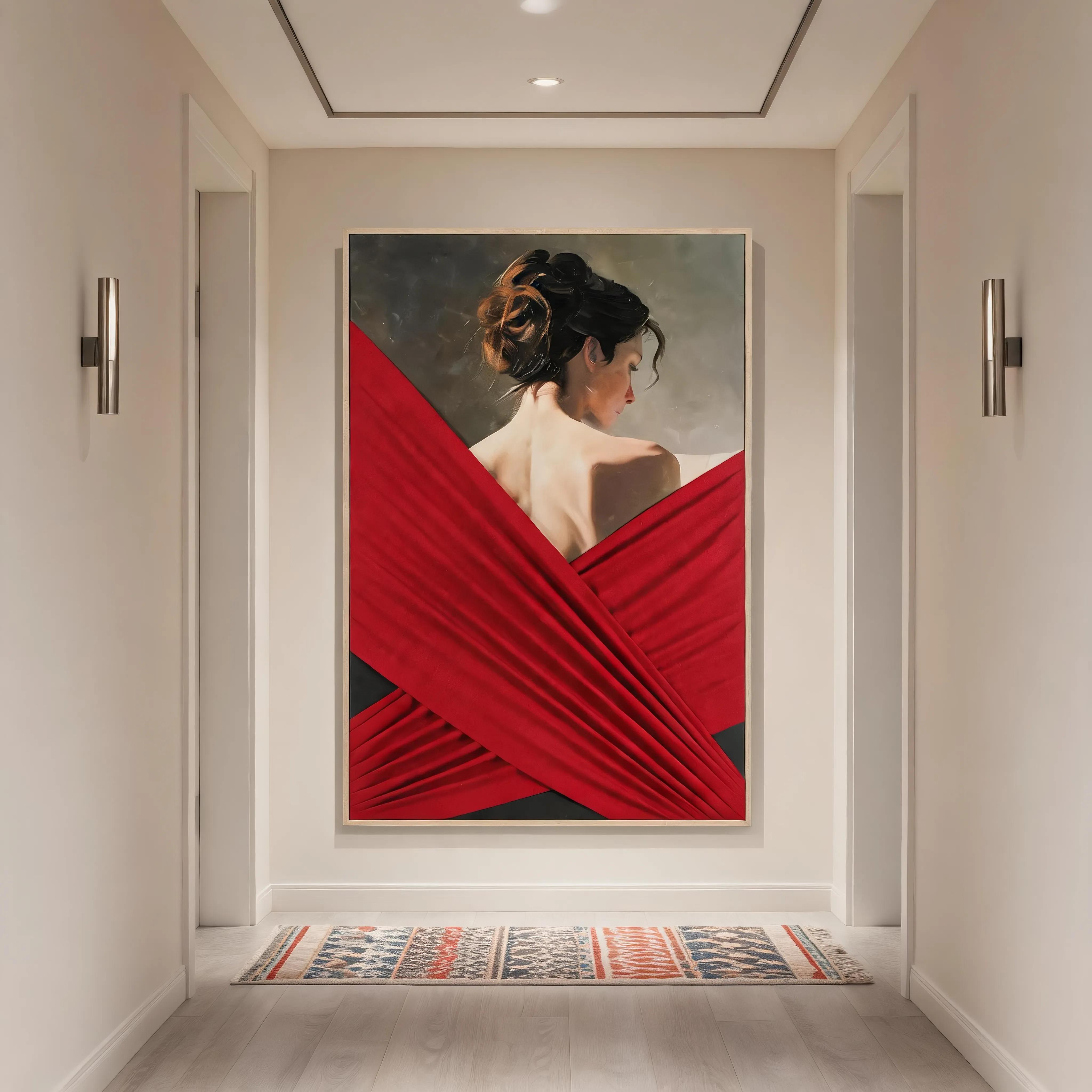 Modern, light-luxury three-dimensional fabric art depicting a figure’s back—red-toned atmospheric wall hanging for soft interior decor in the entryway and living room.