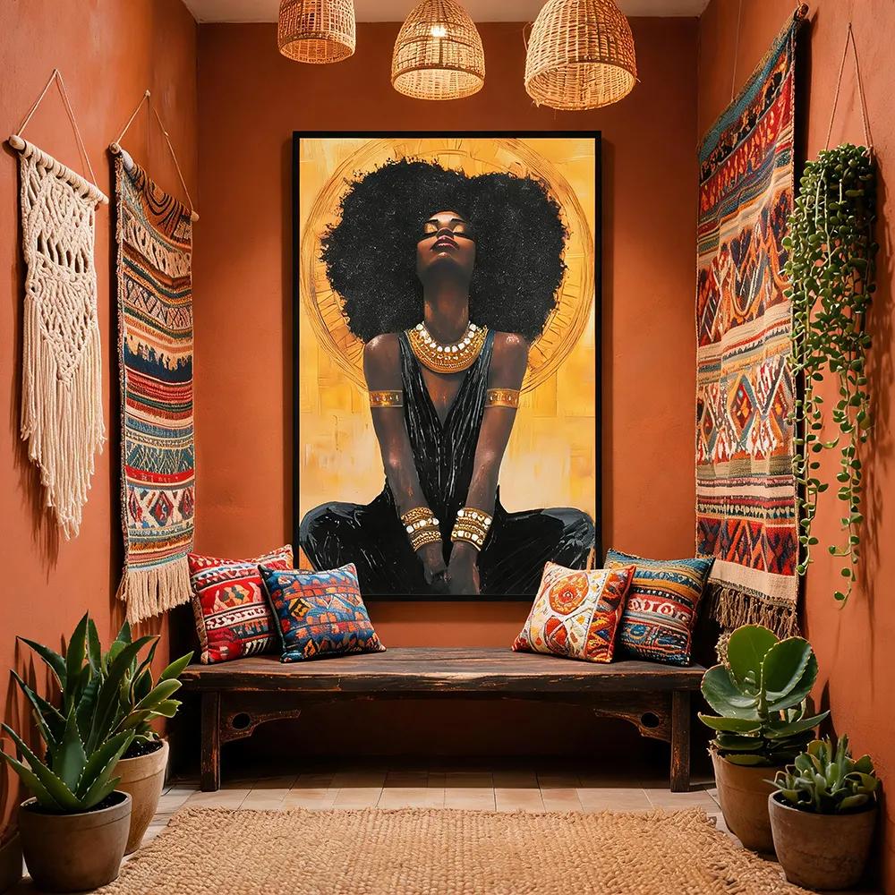Modern, understated luxury black-and-gold portrait of an African woman—textured oil painting, art wall hanging for the entryway or living room, soft décor accent.