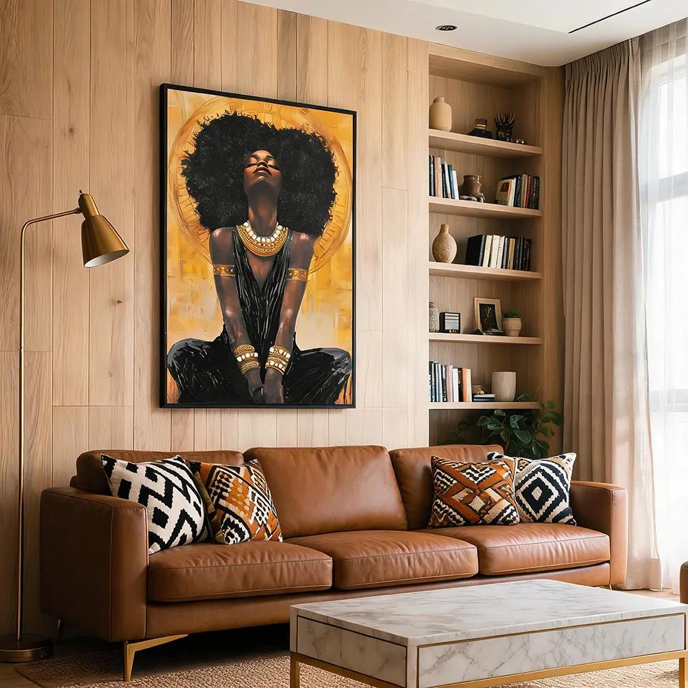 Modern, understated luxury black-and-gold portrait of an African woman—textured oil painting, art wall hanging for the entryway or living room, soft décor accent.