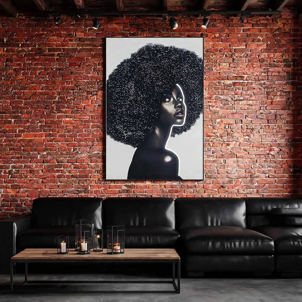 Modern, light-luxury neon‑silhouette afro‑haired women’s decorative painting; black‑and‑gold dual‑tone art wall hanging; soft décor wall art for the entryway and living room.