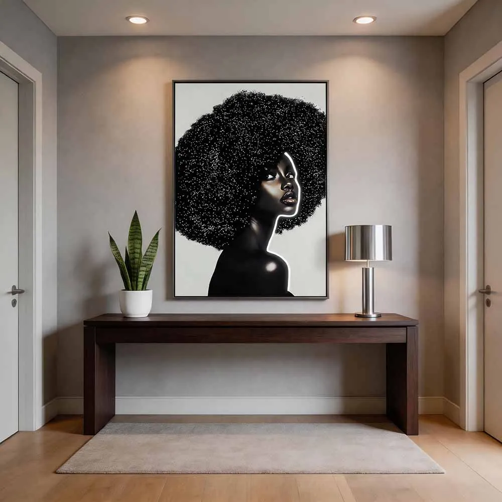 Modern, light-luxury neon‑silhouette afro‑haired women’s decorative painting; black‑and‑gold dual‑tone art wall hanging; soft décor wall art for the entryway and living room.