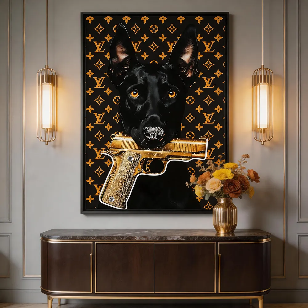 Modern Light Luxury Trendy Black Gold Doberman Dog Decorative Painting Neon Pistol Trendy Cool Double Style Art Hanging Painting Entrance Living Room Soft Wall Decoration