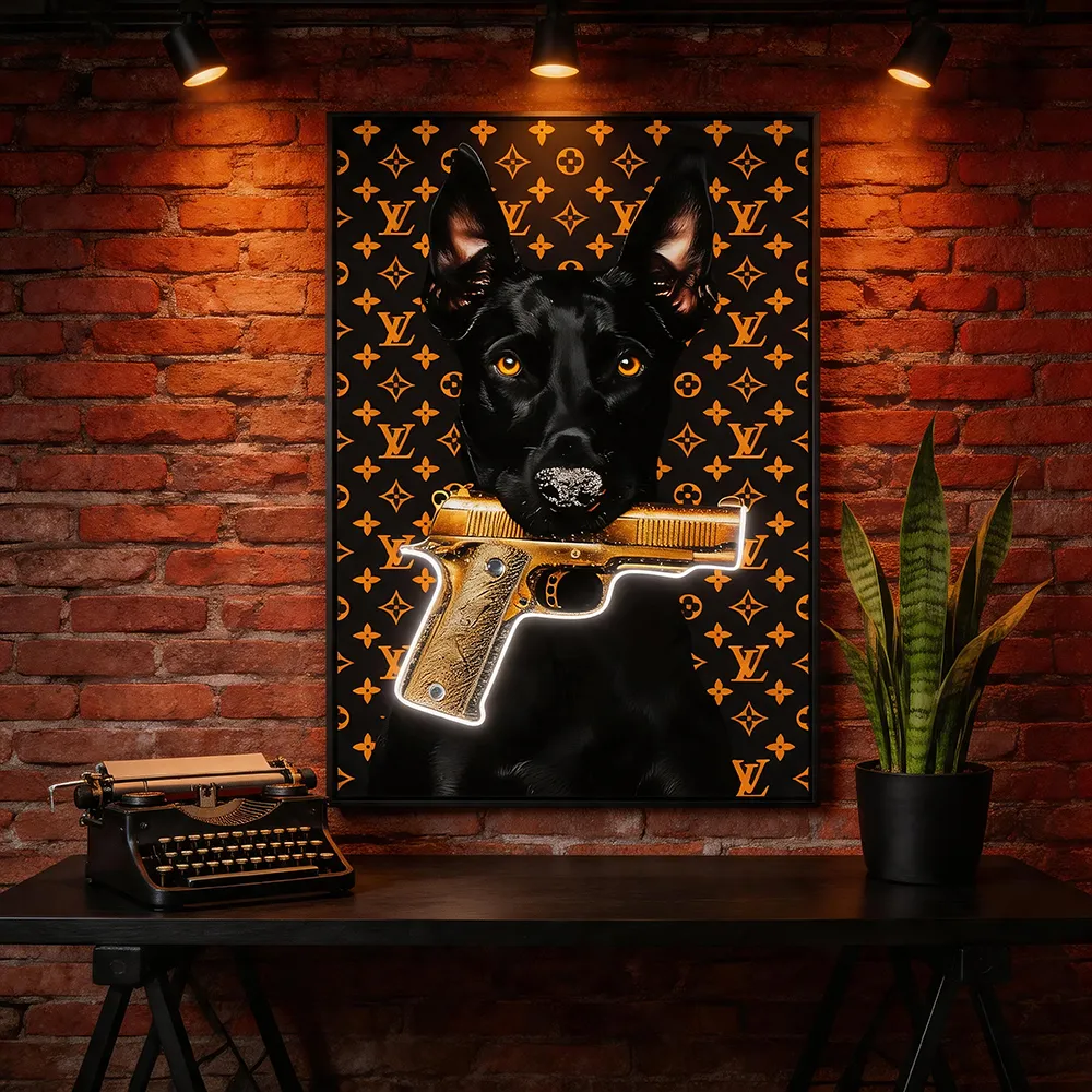 Modern Light Luxury Trendy Black Gold Doberman Dog Decorative Painting Neon Pistol Trendy Cool Double Style Art Hanging Painting Entrance Living Room Soft Wall Decoration
