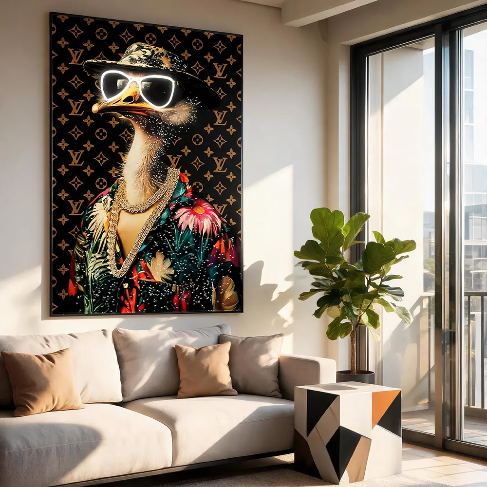 Modern luxury‑inspired trendy sunglasses, ostrich‑decorated painting, glittering rhinestone floral blouse, playful two‑tone artistic wall hanging—soft décor and wall art for the entryway and living room.