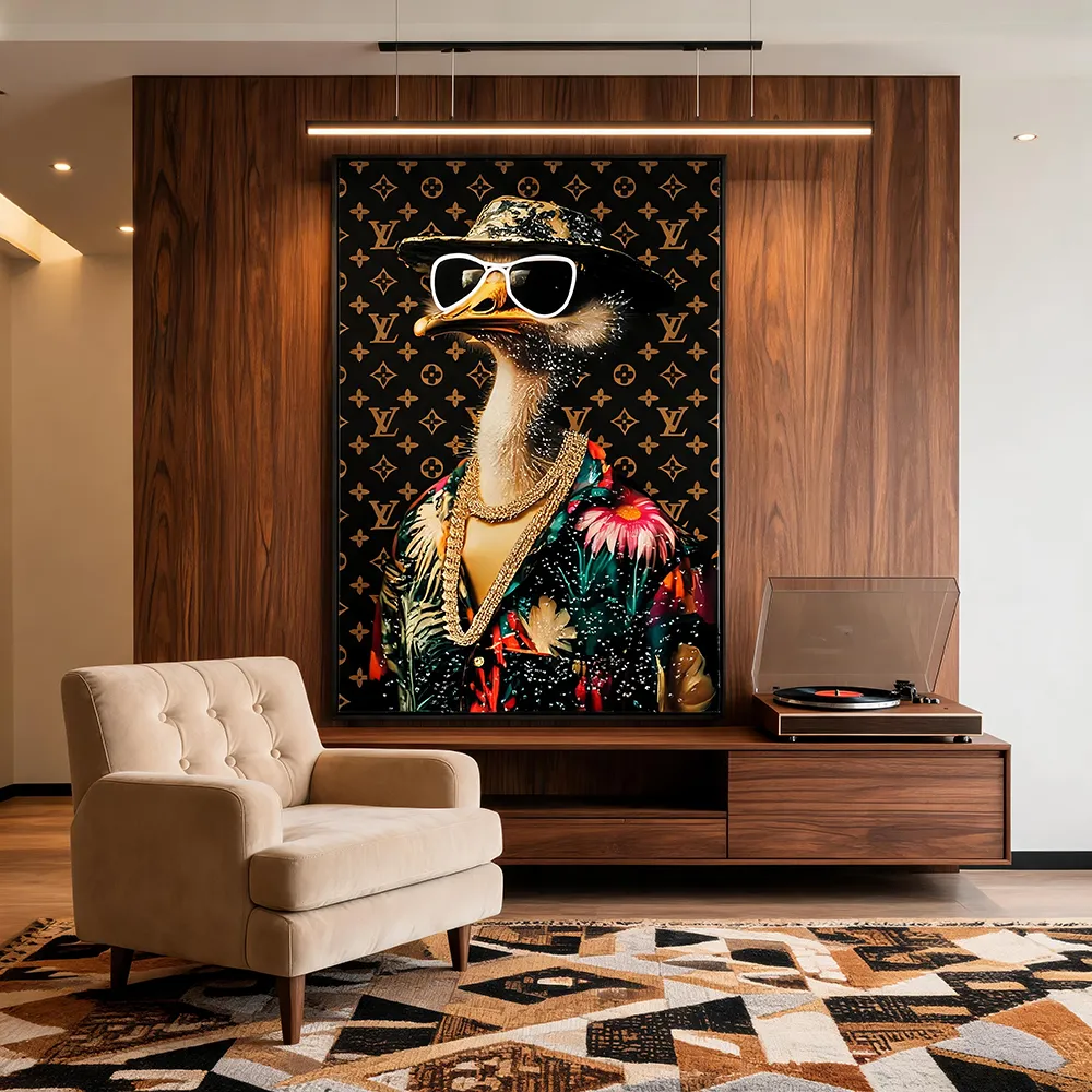 Modern luxury‑inspired trendy sunglasses, ostrich‑decorated painting, glittering rhinestone floral blouse, playful two‑tone artistic wall hanging—soft décor and wall art for the entryway and living room.