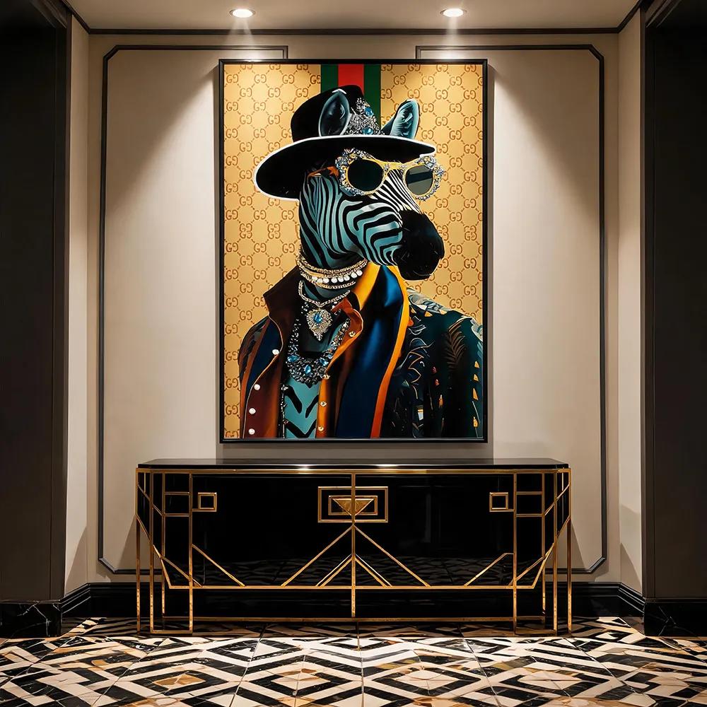 Luxury Trendy Wall Art with Zebra Gentleman & Sunglasses, Vintage Jewelry Outfit Fun Split Canvas Prints, Unique Soft Wall Decor for Entryway & Living Room