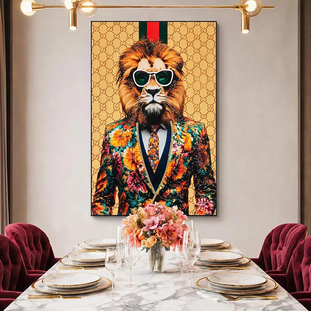Modern Luxury Trendy Sunglasses Mr. Lion Decorative Painting Full Flower Suit Yuppie Fun Double Art Hanging Painting Porch Living Room Personalized Soft Wall Decoration
