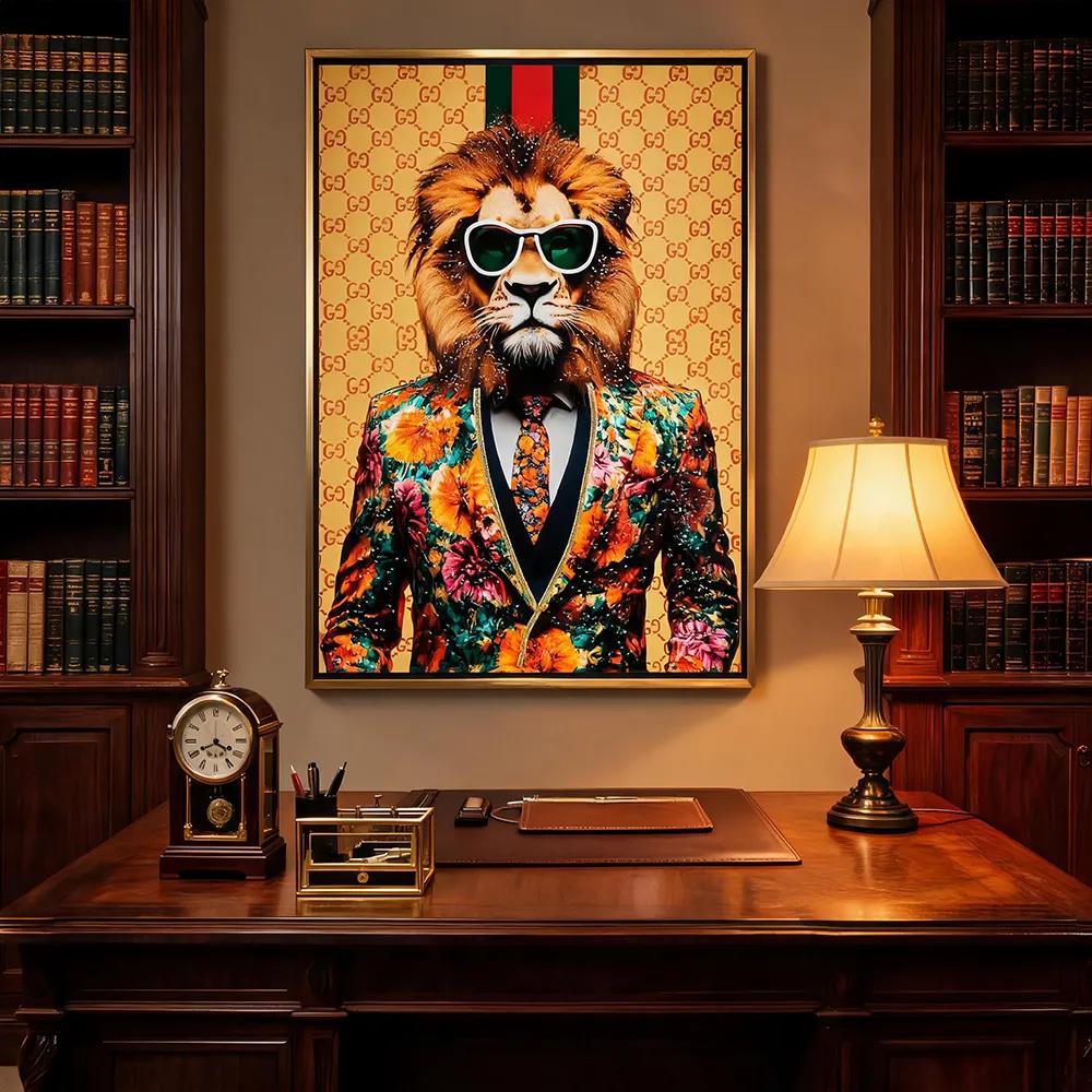 Modern Luxury Trendy Sunglasses Mr. Lion Decorative Painting Full Flower Suit Yuppie Fun Double Art Hanging Painting Porch Living Room Personalized Soft Wall Decoration