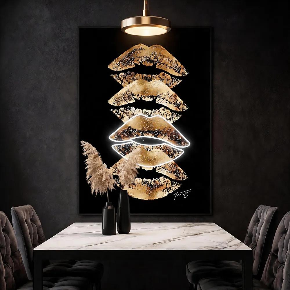 Modern Luxury Trendy Black Gold Lip Print Decorative Painting Neon Ring Flash Diamond Textile Double Artistic Painting Hallway Guest Restaurant Personalized Wall Soft Dress