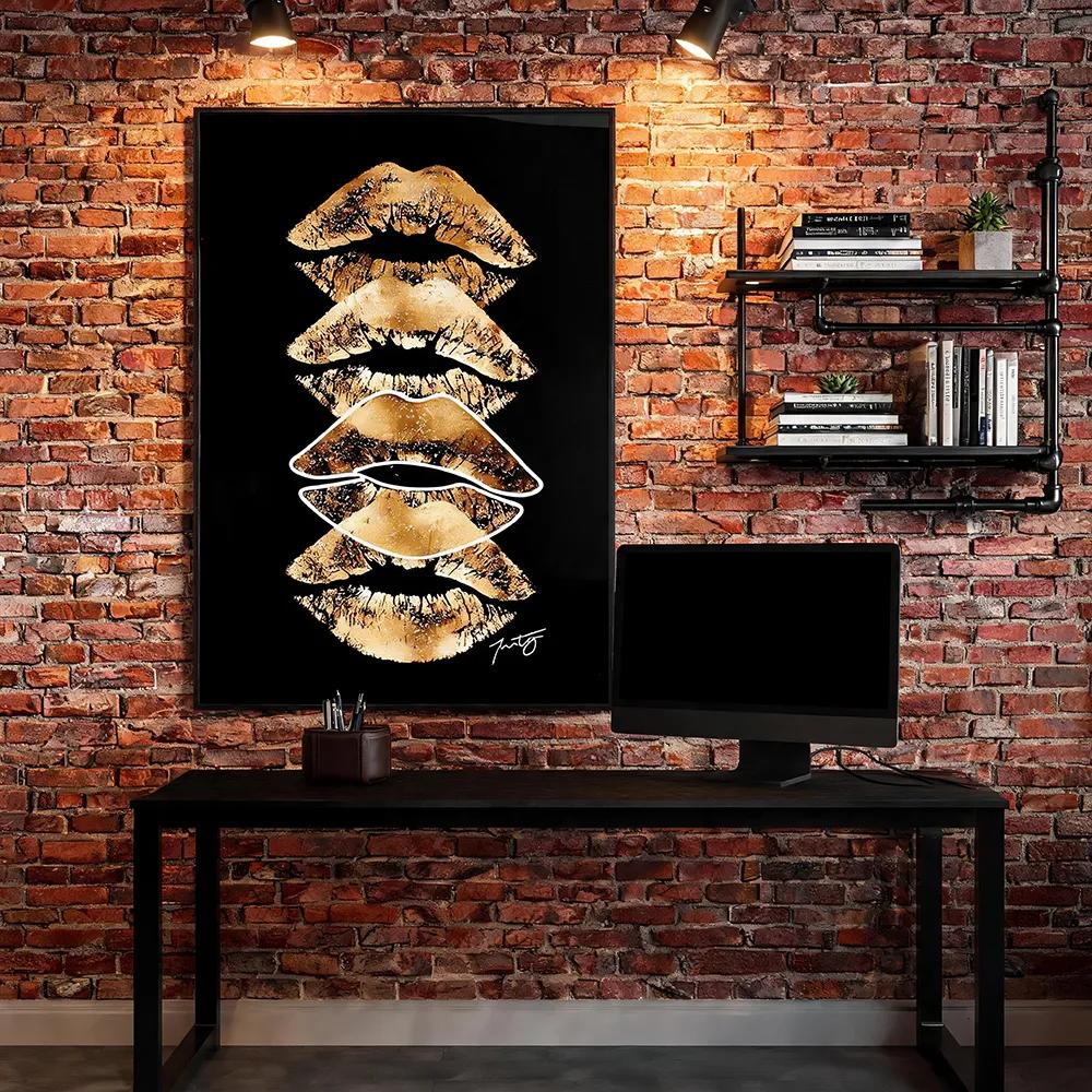 Modern Luxury Trendy Black Gold Lip Print Decorative Painting Neon Ring Flash Diamond Textile Double Artistic Painting Hallway Guest Restaurant Personalized Wall Soft Dress