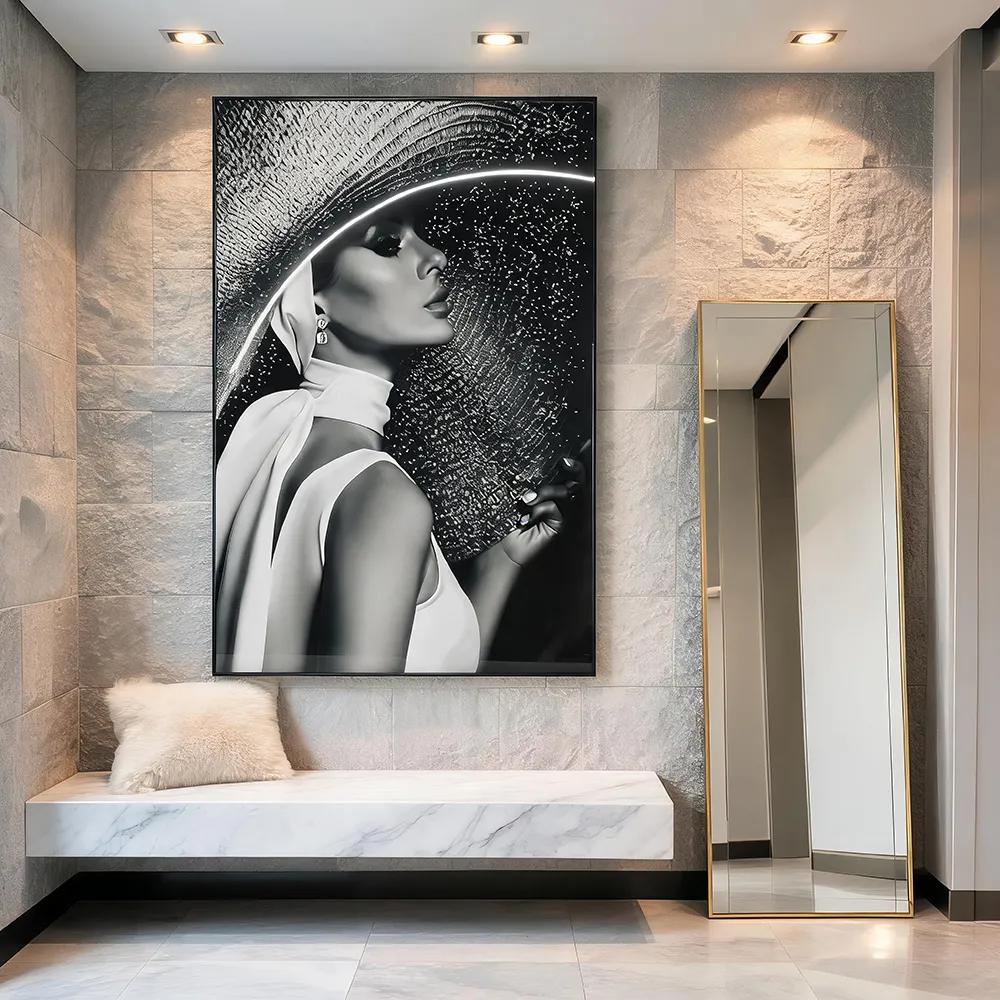 Black and White Luxury Trendy Elegant Celebrity Portraits Decorative Painting Flash Diamond Neon Lines Retro Double Style Art Hanging Painting Entrance Living Room Light Luxury Soft Wall Decoration