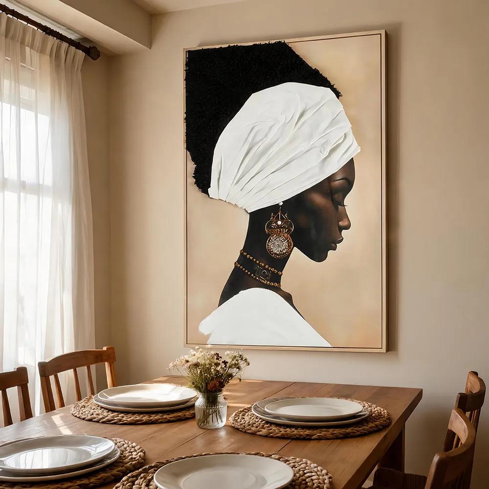 Modern Wabi-Sabi textile appliqué depicting an exotic female figure, a vintage gold‑accented artistic wall hanging—stylish, personalized soft décor for the living room or entryway.