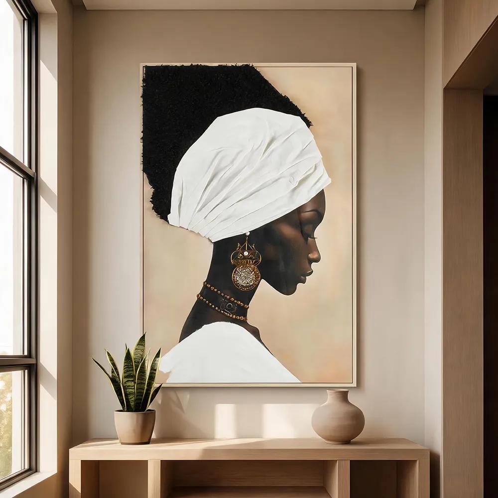 Modern Wabi-Sabi textile appliqué depicting an exotic female figure, a vintage gold‑accented artistic wall hanging—stylish, personalized soft décor for the living room or entryway.