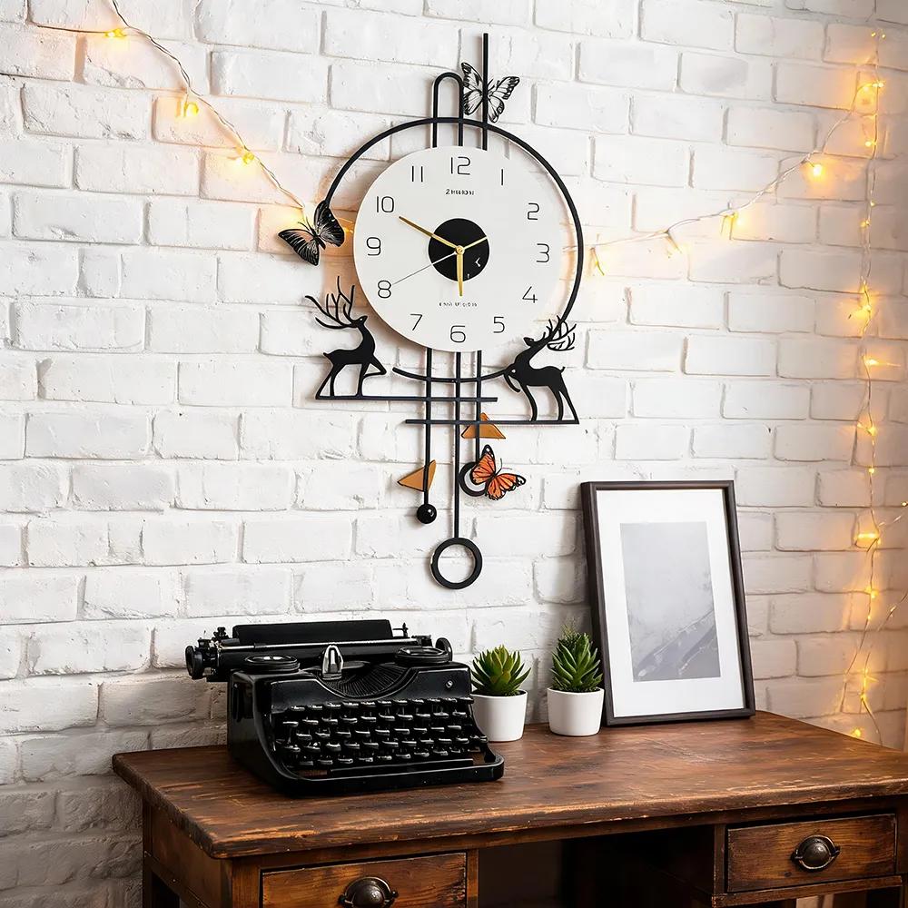 Modern minimalist iron art wall clock with elk and butterfly motifs; a light-luxury, silent, creative, and playful wall timepiece—perfect as a wall decoration for the living room or dining room.