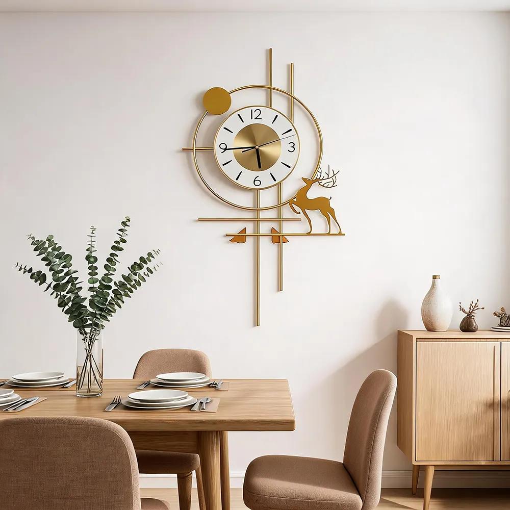 Modern Light Luxury All Copper Metal Line Elk Art Wall Clock Brass Mute Creative Three-dimensional Wall Hanging Clock Guest Restaurant High-grade Wall Decoration Hanging Ornaments