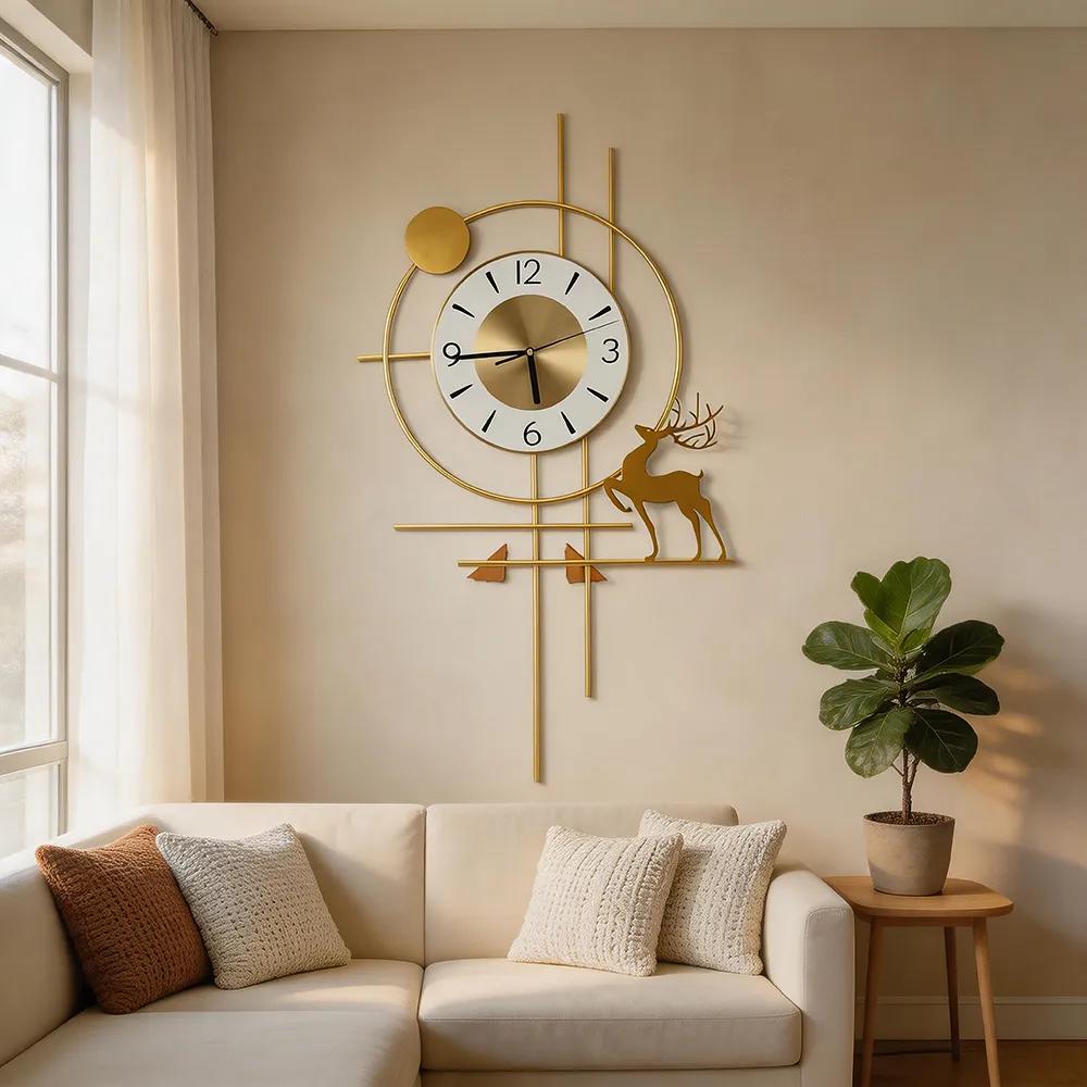 Modern Light Luxury All Copper Metal Line Elk Art Wall Clock Brass Mute Creative Three-dimensional Wall Hanging Clock Guest Restaurant High-grade Wall Decoration Hanging Ornaments