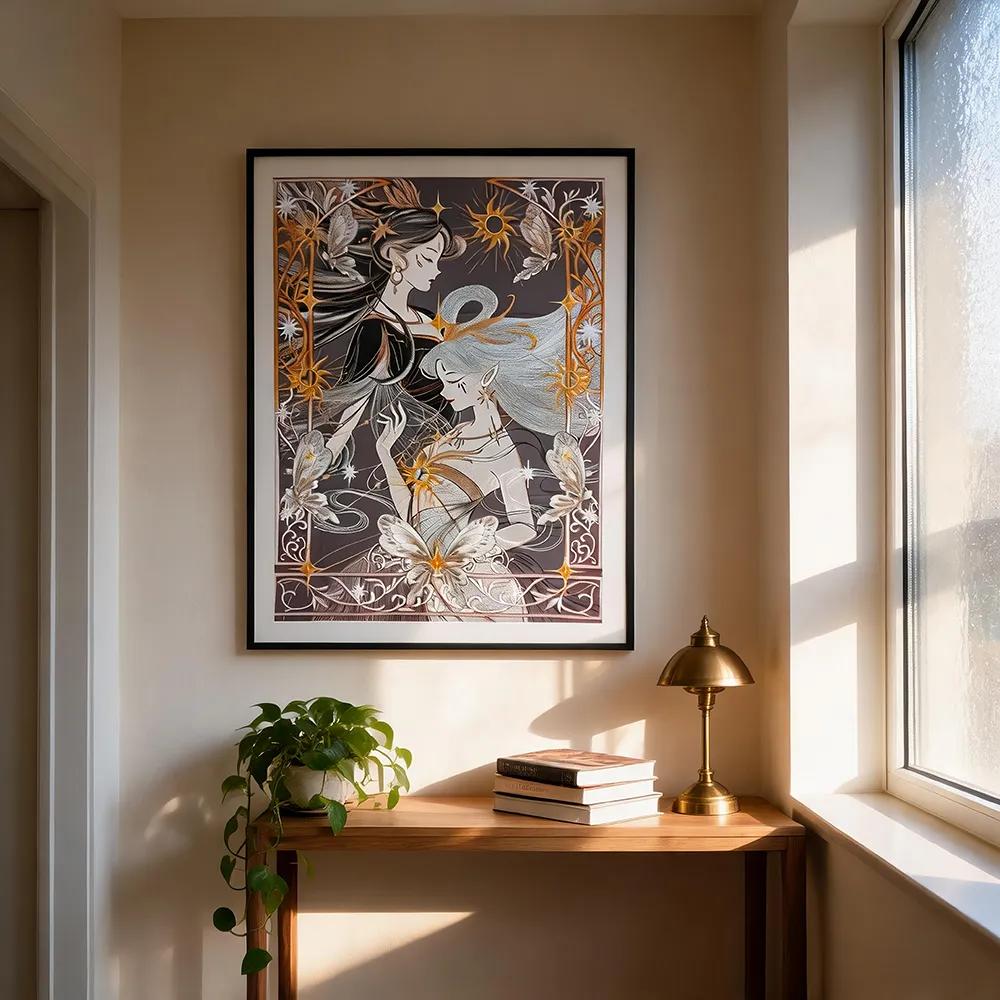 Retro Tarot–style gold-foil double-goddess art décor, sun-and-moon fairy and butterfly illustration—creative wall hanging for a personalized artistic accent in the living room or entryway.