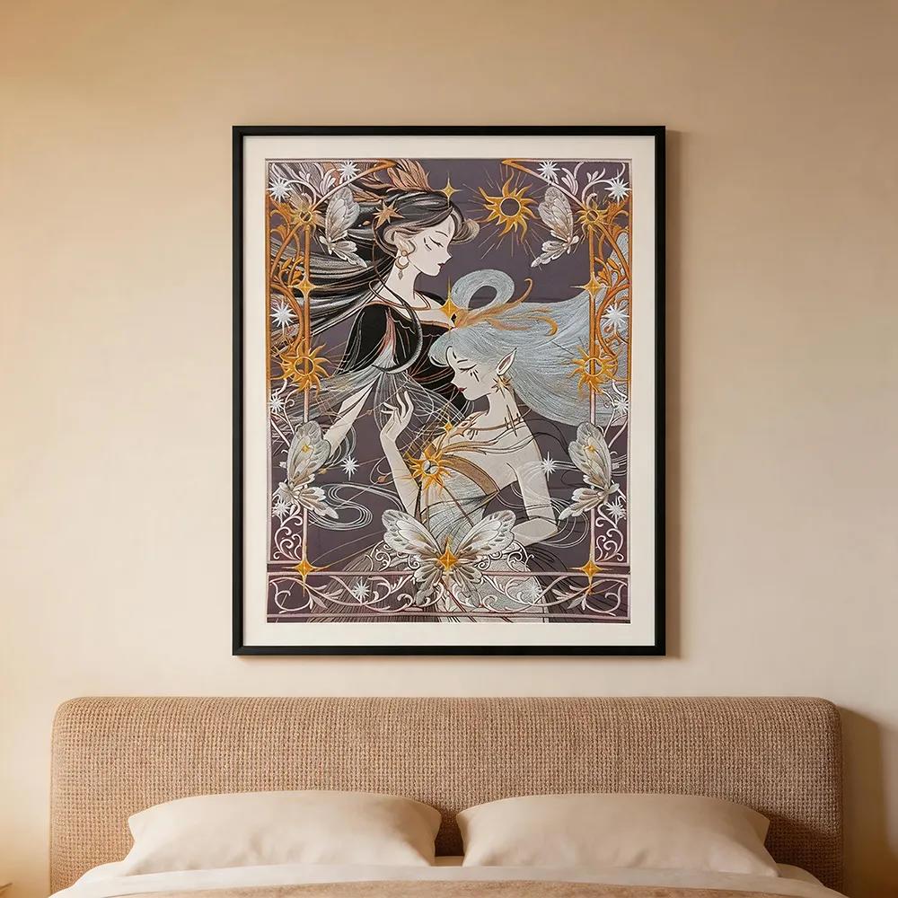 Retro Tarot–style gold-foil double-goddess art décor, sun-and-moon fairy and butterfly illustration—creative wall hanging for a personalized artistic accent in the living room or entryway.