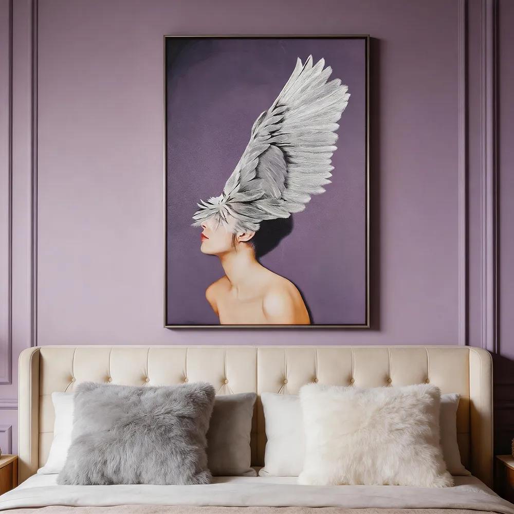 Misty Purple Wabi-Sabi Feather Wing Portrait Art Decor Painting, Surreal‑Toned Creative Figurative Wall Hanging, Abstract Art Wall Decoration for Foyer and Living Room